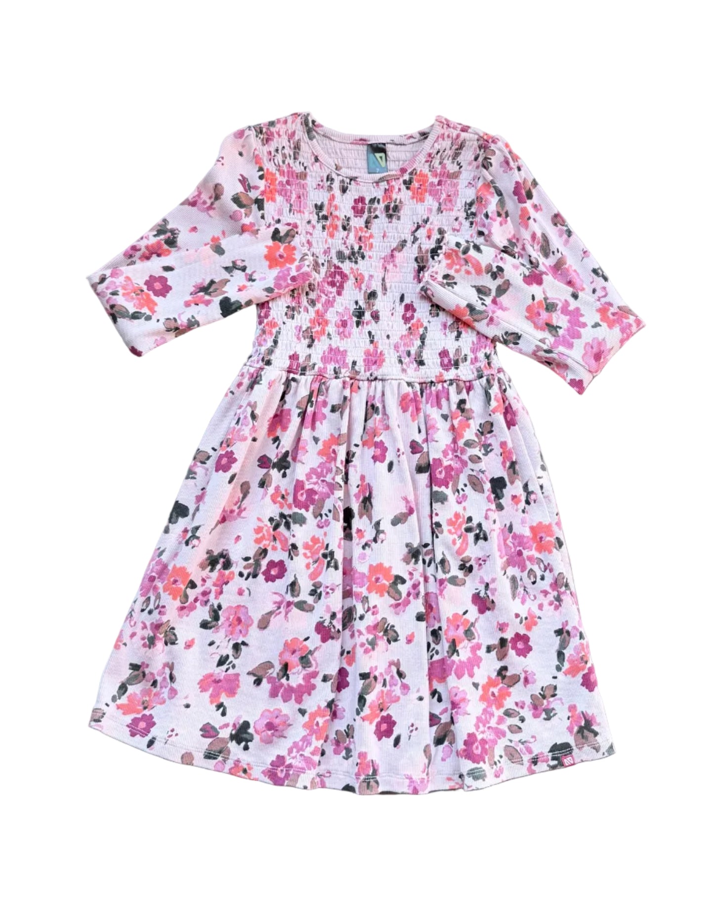 Robe enfant 7 ans à fleurs, manches longues, col rond, coupe évasée
