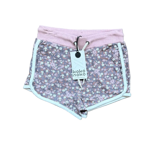 Short 10 ans floral mauve, taille élastique et cordon, bordure bleu clair