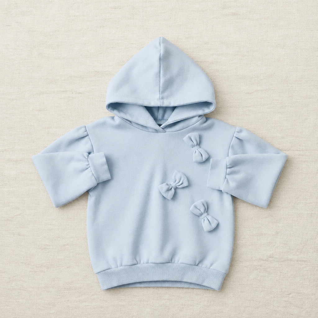 Chandail à capuche bleu glacier enfant, manches longues, appliques fleurs en relief