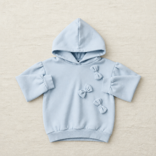 Chandail à capuche bleu glacier enfant, manches longues, appliques fleurs en relief