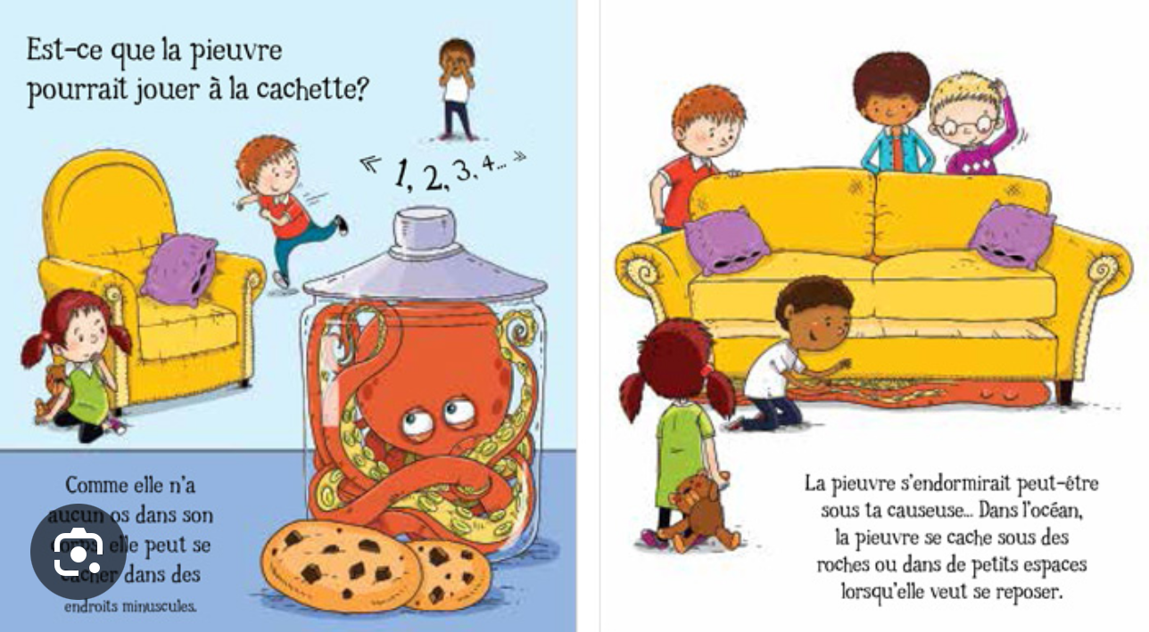 Pages illustrées « Si j’avais une pieuvre » : pieuvre endormie et enfants sur canapé