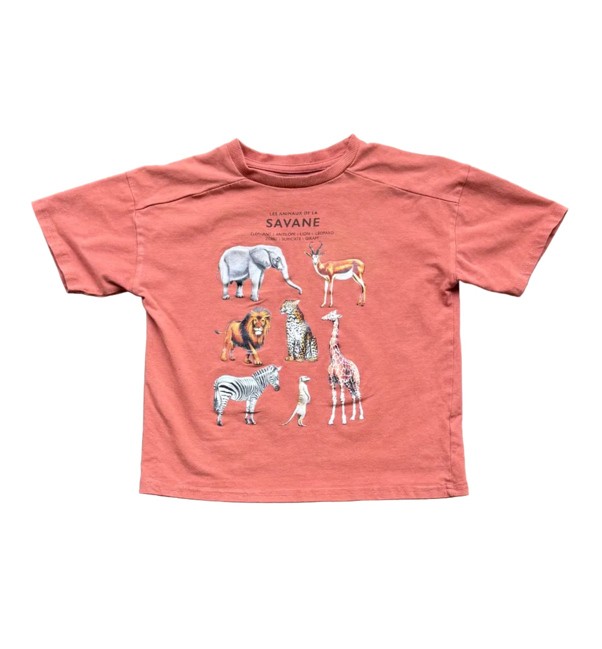 T-shirt enfant rose corail 5 ans, imprimé animaux colorés sur le devant