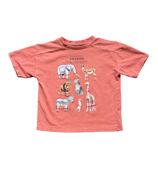 T-shirt enfant rose corail 5 ans, imprimé animaux colorés sur le devant