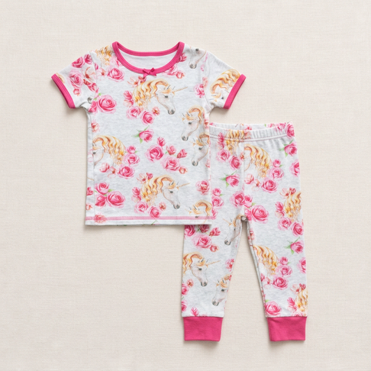 Pyjama 2 pièces 24 mois en jersey gris, motif licornes et roses, manches courtes
