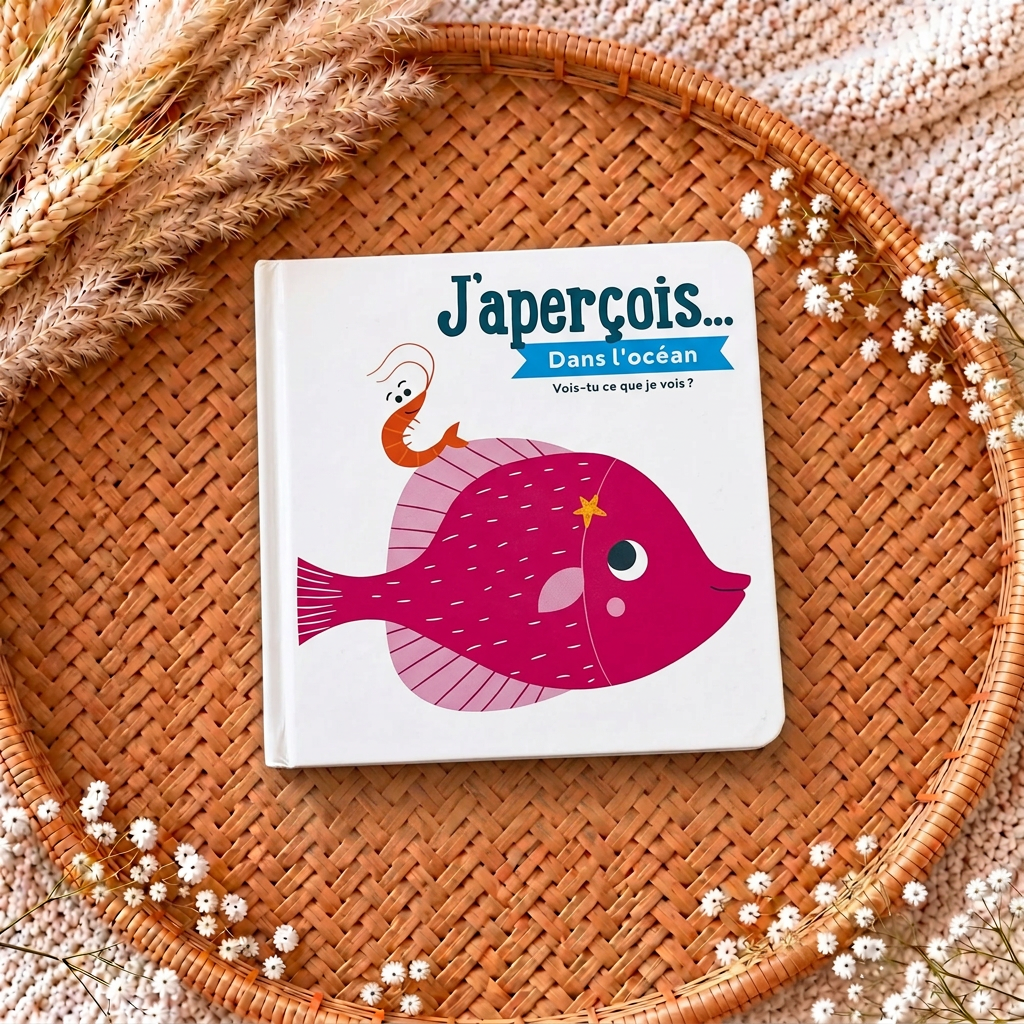 Livre jeunesse « J’aperçois dans l’océan » : couverture blanche avec poisson rose