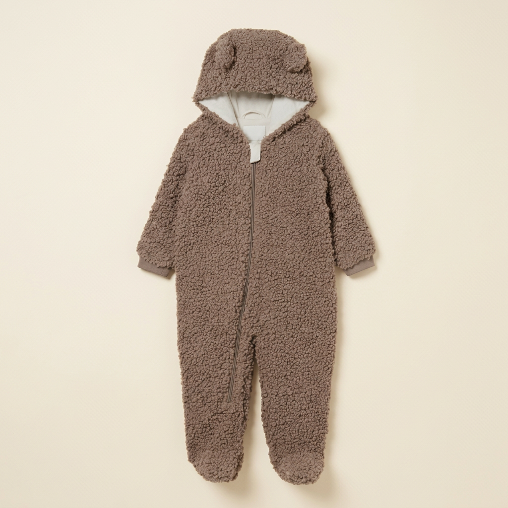 Combinaison bébé greige en tissu pelucheux, capuche et fermeture éclair, pieds intégrés