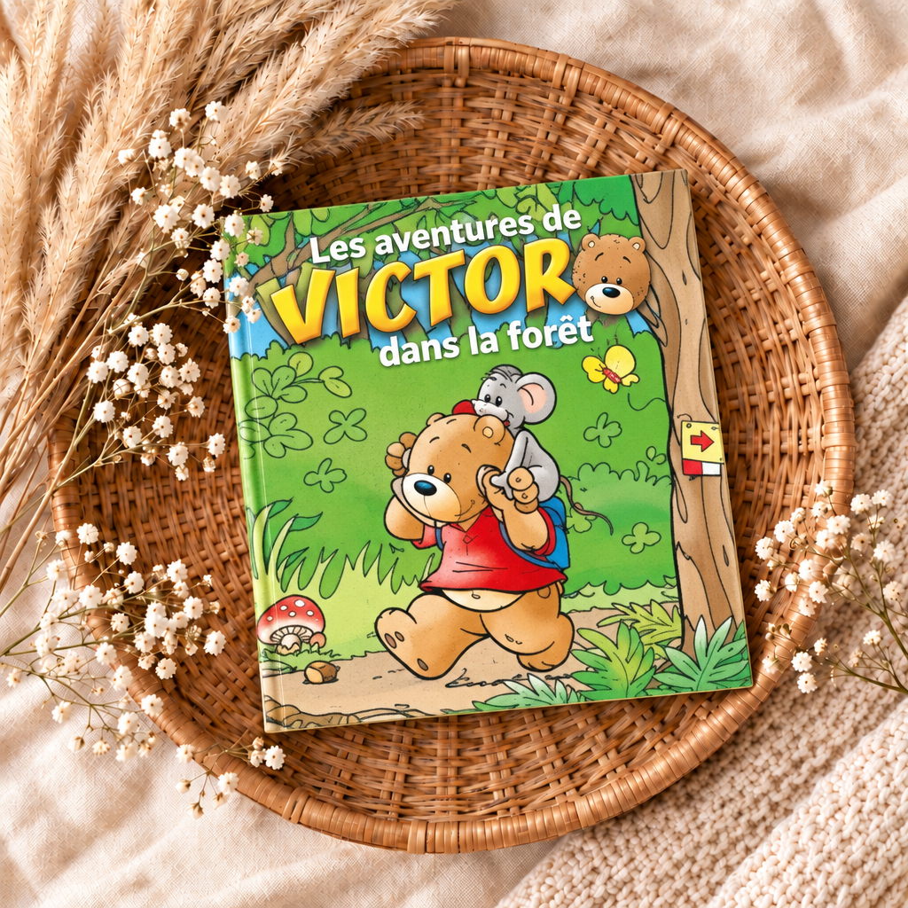 Livre Les aventures de Victor dans la forêt, couverture illustrée avec ourson et souris