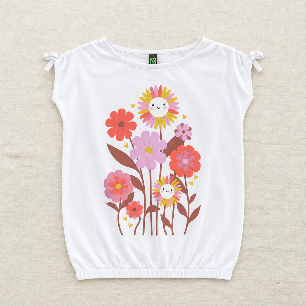 Camisole enfant blanche à fleurs avec bretelles nouées, col rond