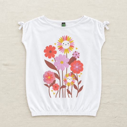 Camisole enfant blanche à fleurs avec bretelles nouées, col rond