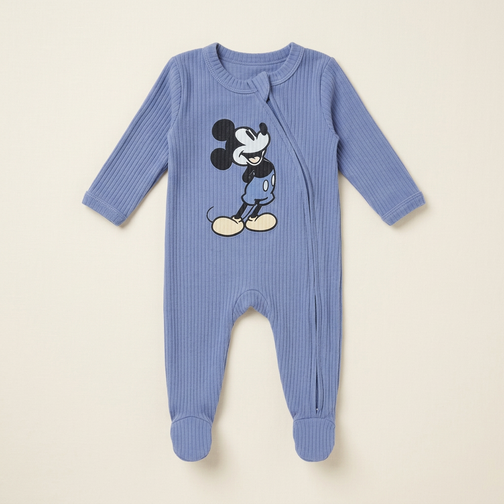 Pyjama bébé Disney bleu clair à manches longues, motif Mickey, ouverture à pressions.