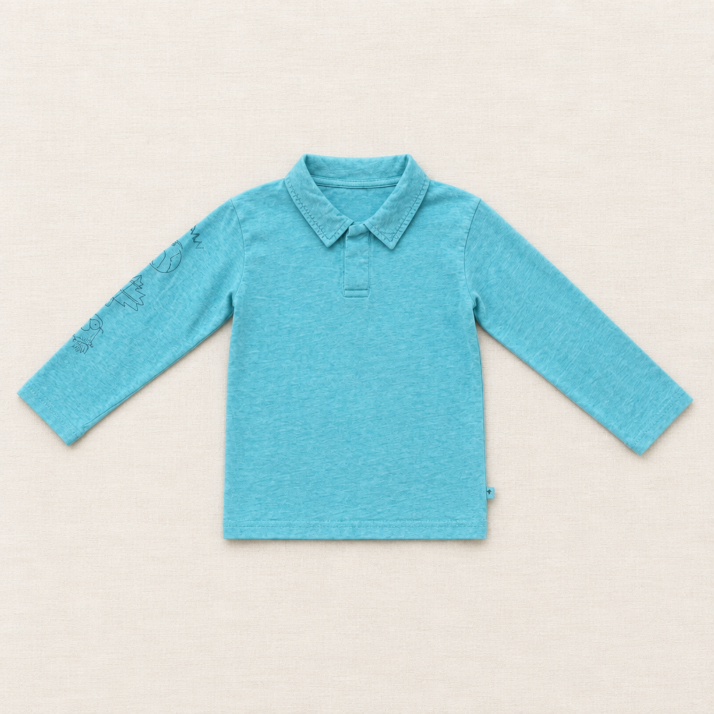 Polo manches longues enfant 5 ans aqua vert, col boutonné, motif sur manches