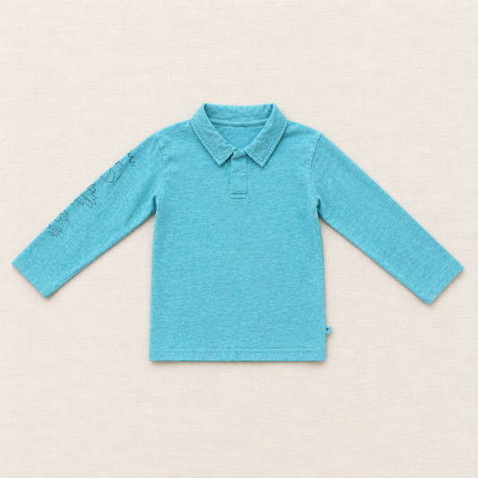 Polo manches longues enfant 5 ans aqua vert, col boutonné, motif sur manches