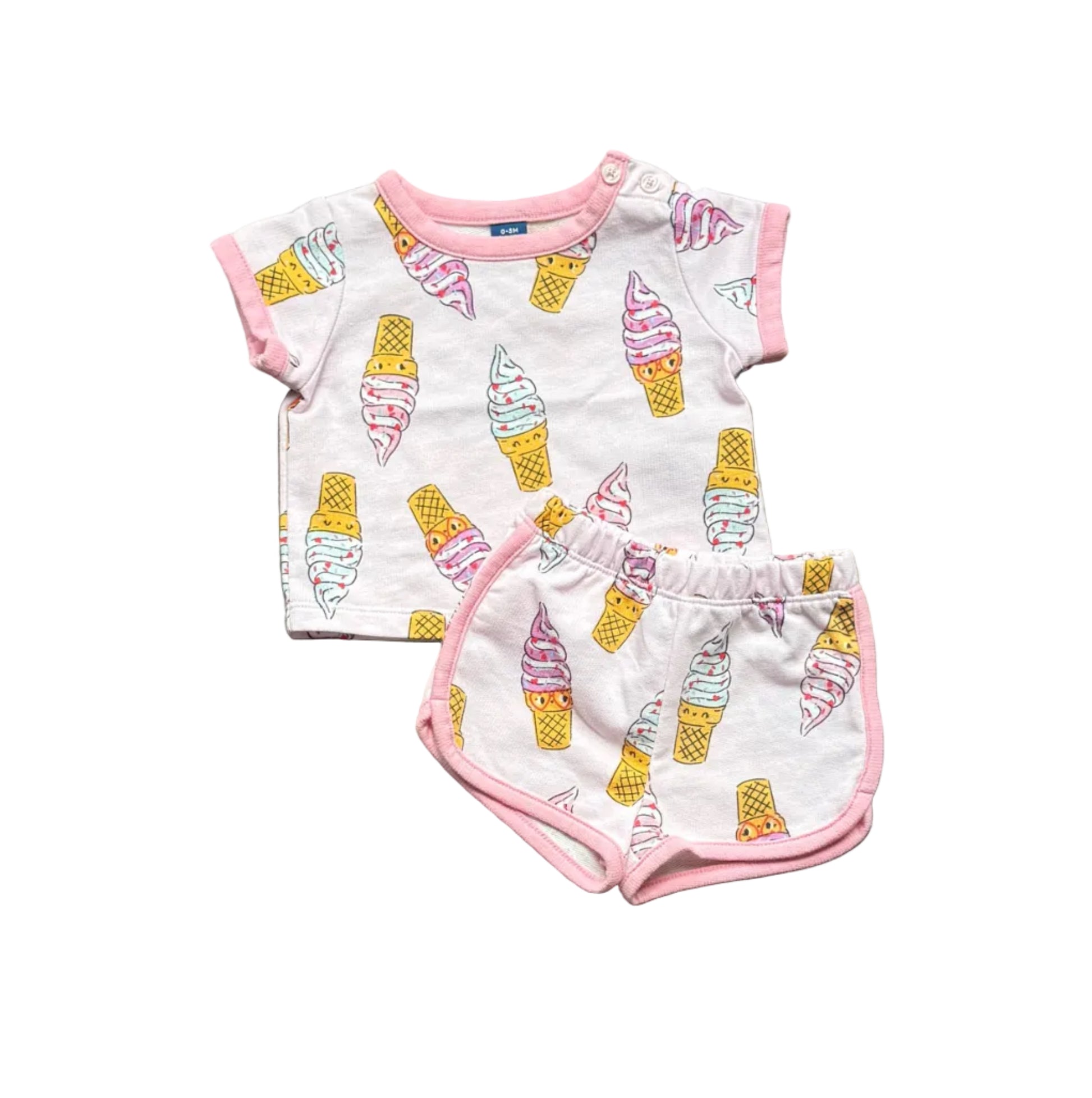 Ensemble bébé 0-3 mois, t-shirt manches courtes et short crème à motifs glaces, bord rose.