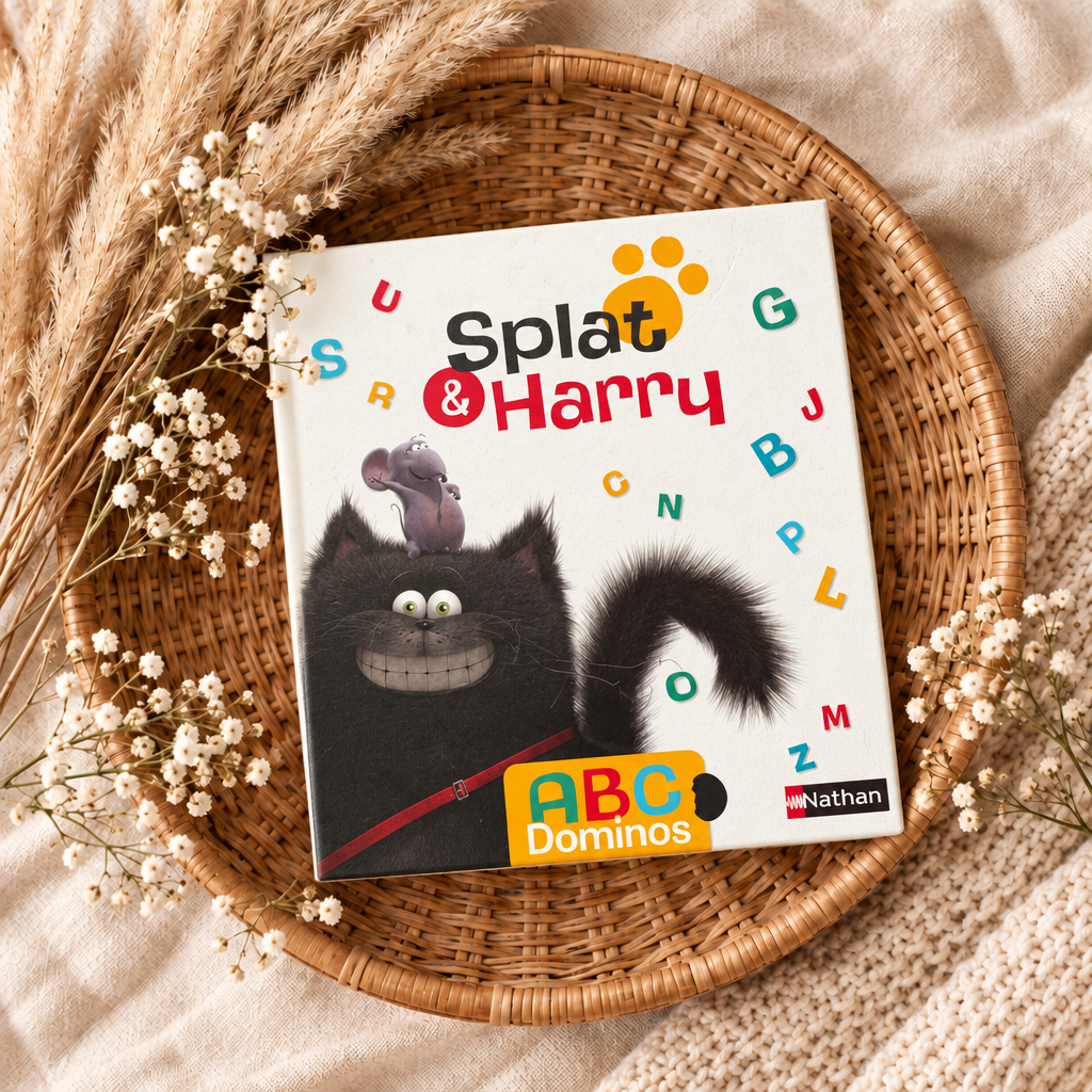 Boîte de dominos Splat & Harry, lettres ABC colorées et images d’animaux