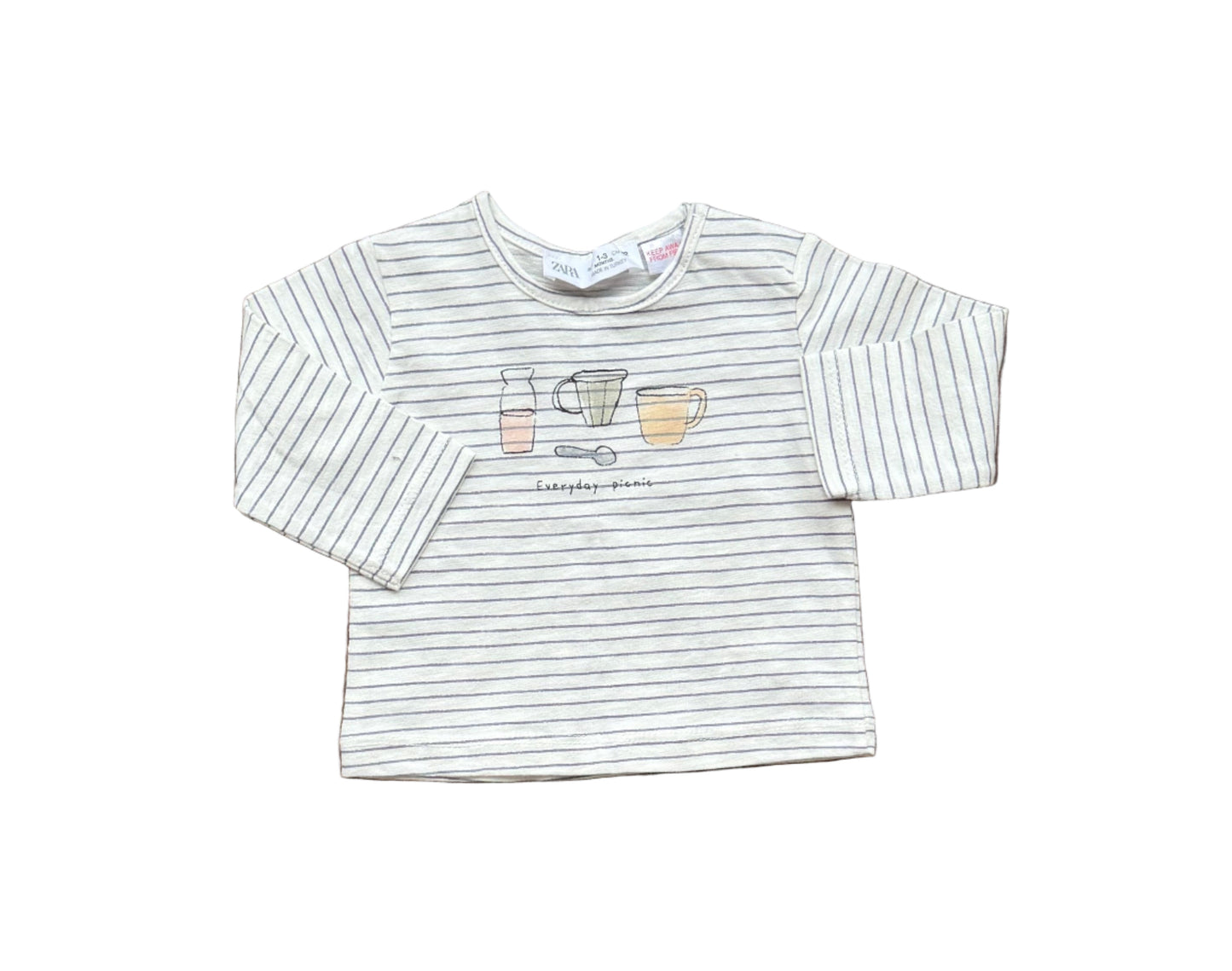 Chandail bébé 1-3 mois rayé blanc et gris, manches longues, motif cuisine sur la poitrine