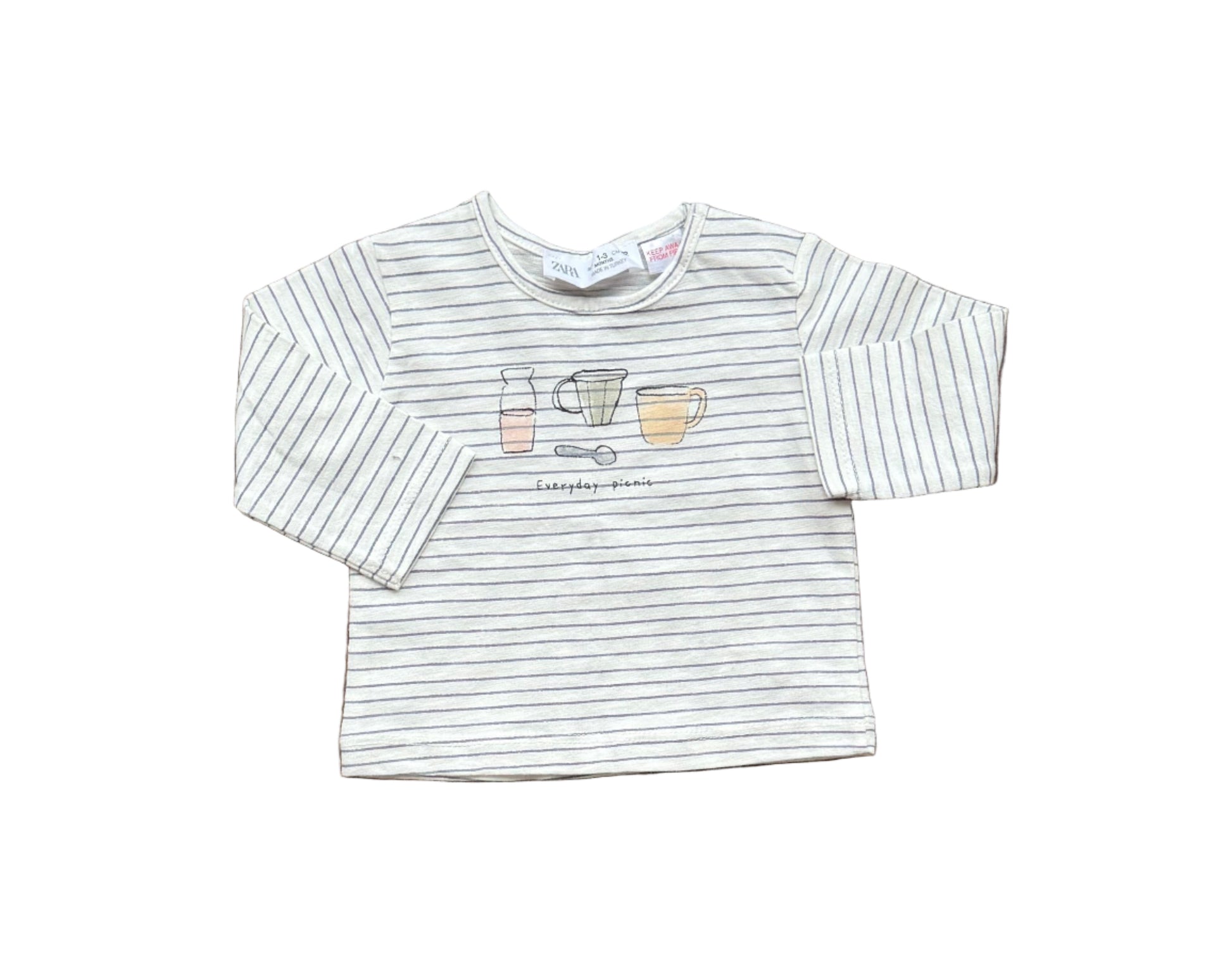 Chandail bébé 1-3 mois rayé blanc et gris, manches longues, motif cuisine sur la poitrine