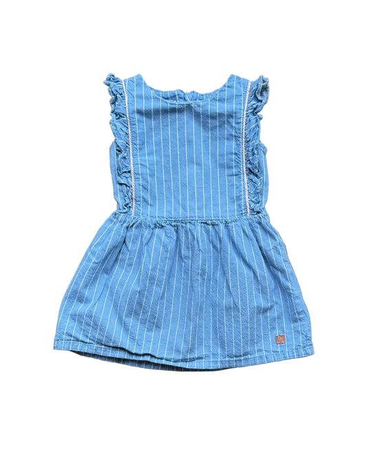 Robe fille bleue rayée blanche à volants épaules, taille froncée, 5 ans