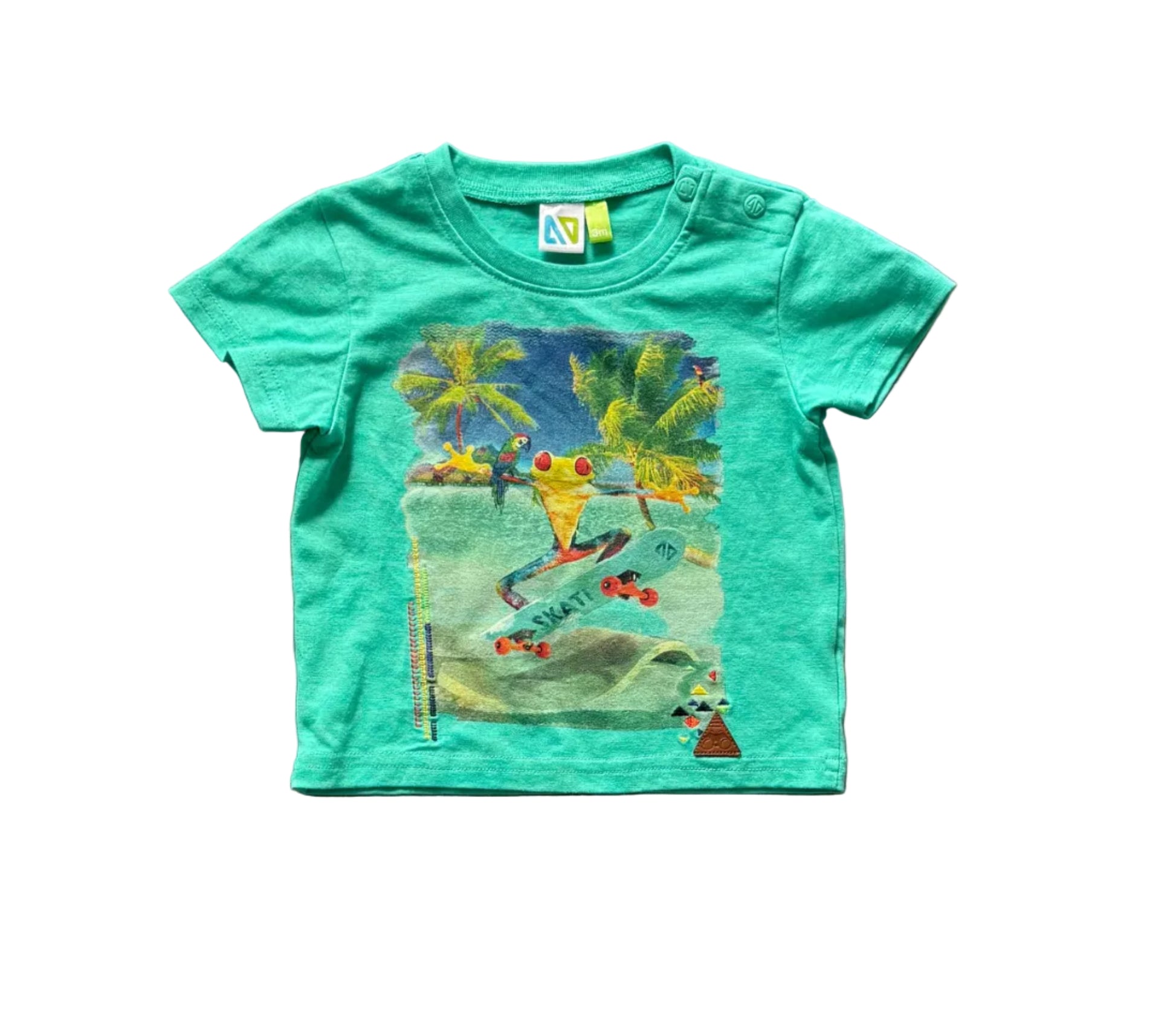 T-shirt bébé 3 mois vert mousse avec motif tropical multicolore