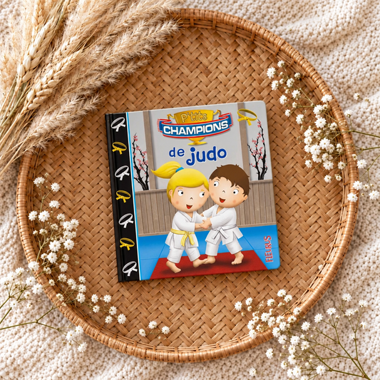 Livre jeunesse de judo, couverture avec enfants en kimono et judogi, couleurs vives