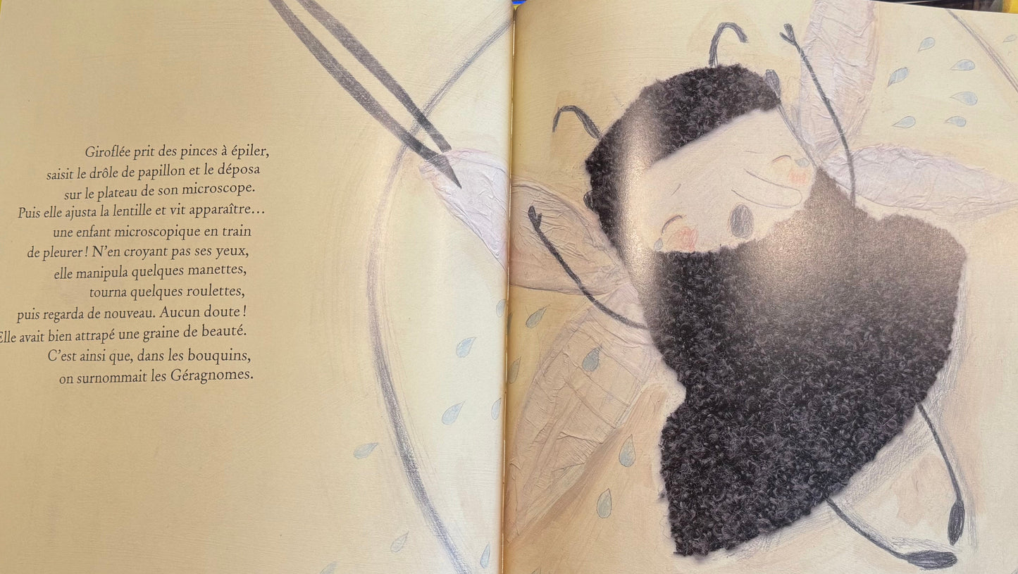 Livre « Giroflé Pois Cassé » : page ouverte avec illustration d’une femme, texte imprimé