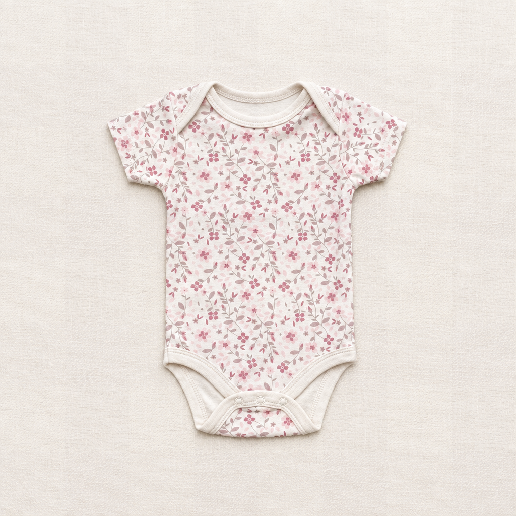 Body bébé 3-6 mois à manches courtes, blanc cassé, imprimé floral rose.