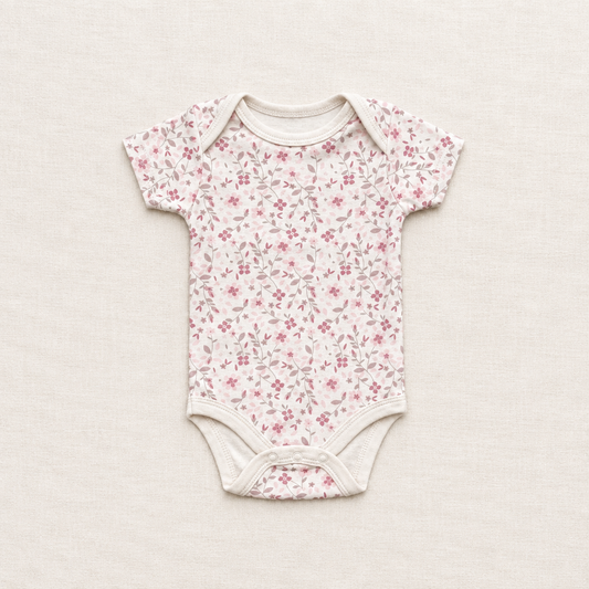 Body bébé 3-6 mois à manches courtes, blanc cassé, imprimé floral rose.