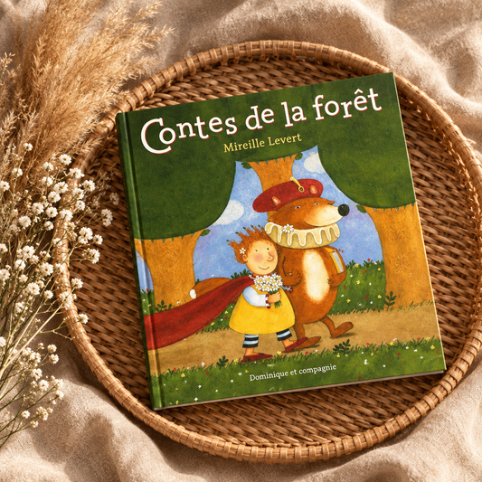 Livre jeunesse « Contes de la forêt » couverture illustrée d’arbres et d’animaux