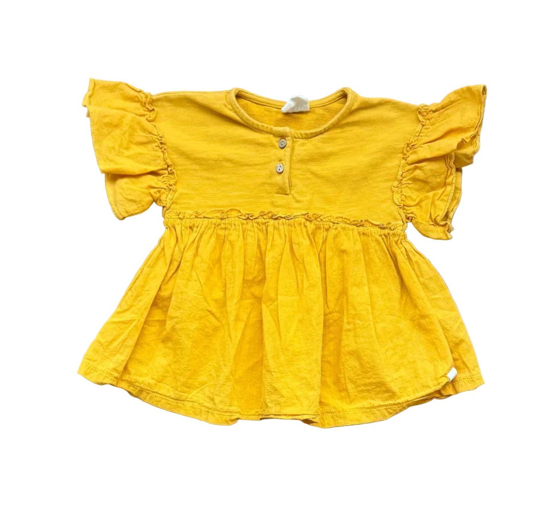 Robe jaune bébé 12-18 mois, manches bouffantes, boutons devant, taille froncée