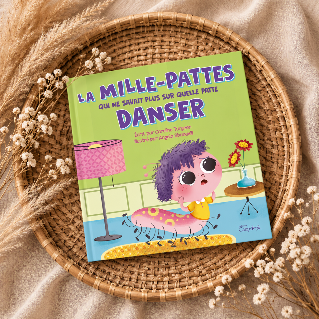 Livre pour enfants à couverture verte, dessin d’une mille-pattes sur fond illustré.
