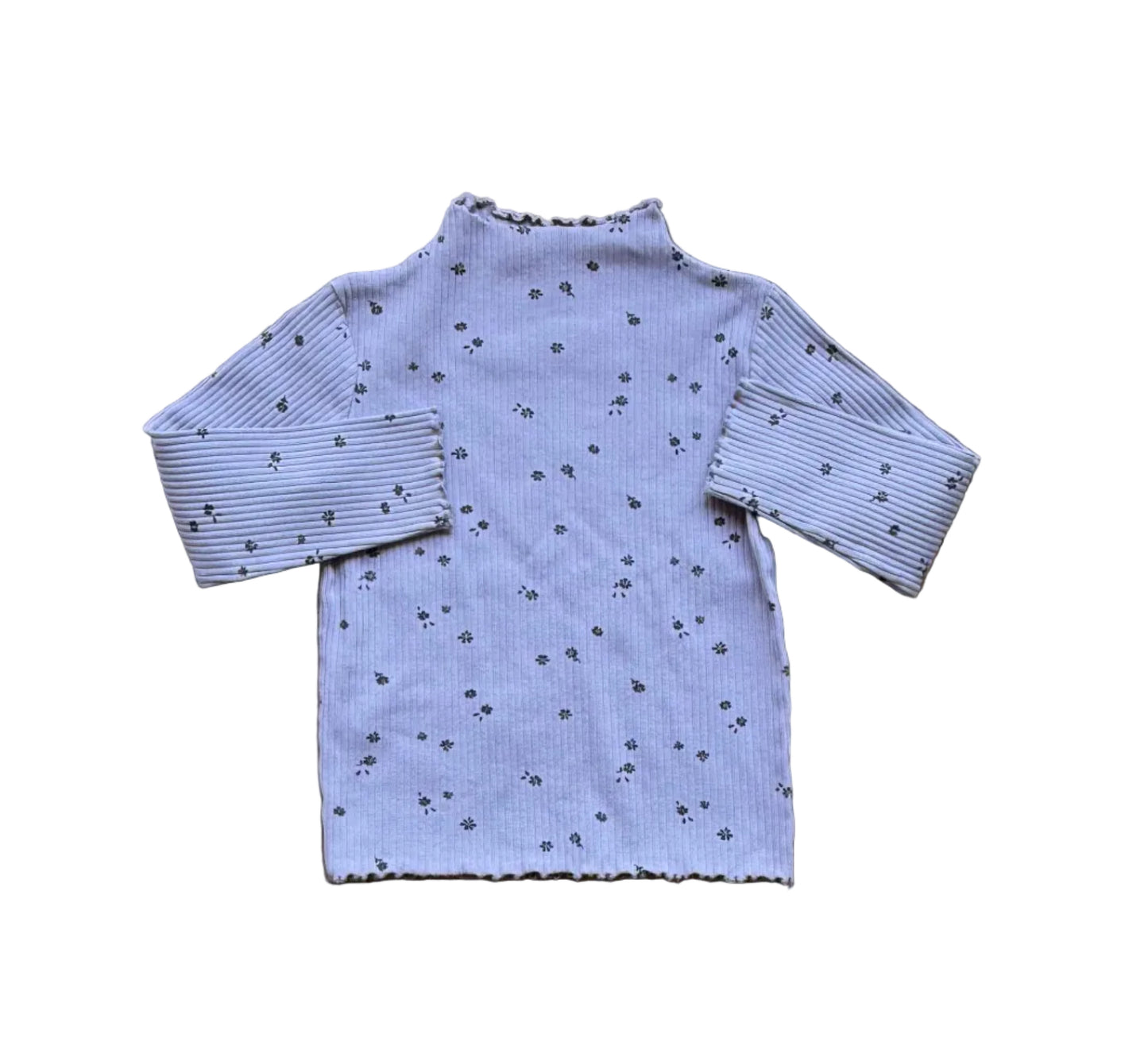 Chandail enfant bleu clair à col montant, manches longues, motif floral discret