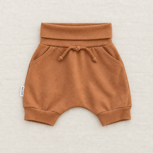 Short bébé Maémé marron, taille élastique avec cordon et pompons