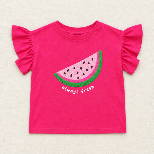 T-shirt enfant Old Navy fuchsia, manches volantées, motif pastèque « always fresh »