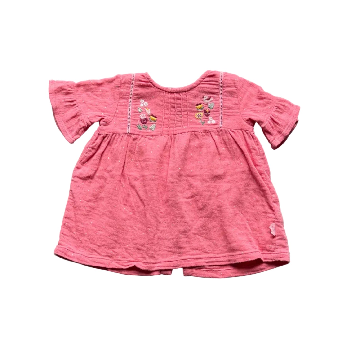 Robe Souris Mini rose 6-9 mois, manches bouffantes, broderies multicolores devant