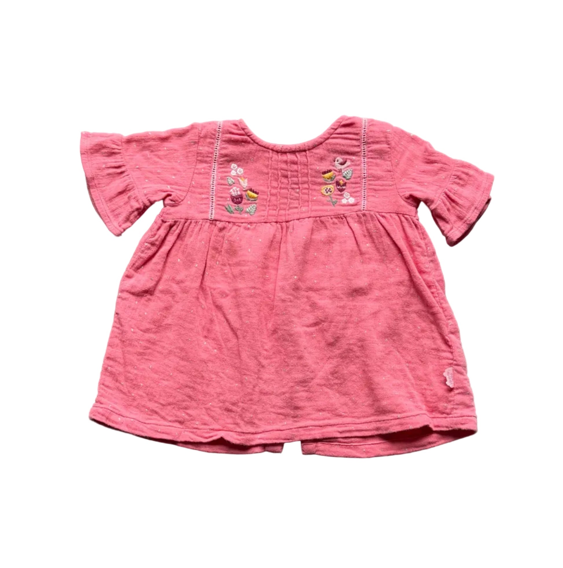Robe Souris Mini rose 6-9 mois, manches bouffantes, broderies multicolores devant