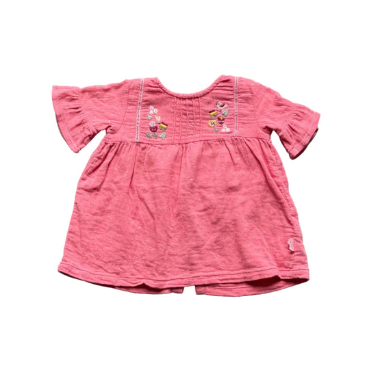 Robe Souris Mini rose 6-9 mois, manches bouffantes, broderies multicolores devant