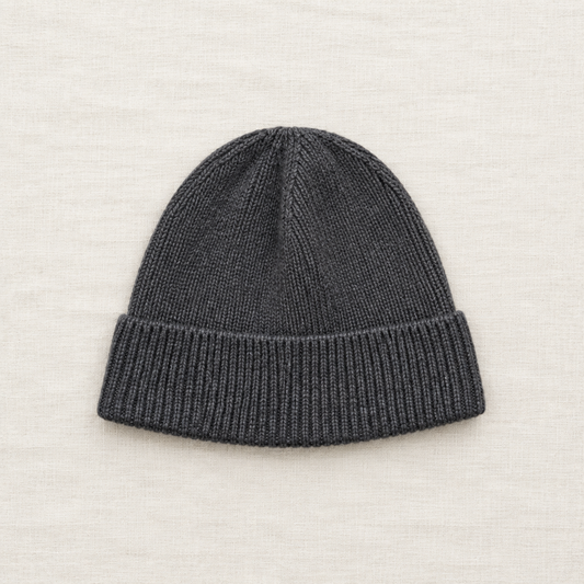 Bonnet en maille anthracite côtelée, bord roulé, taille S/M