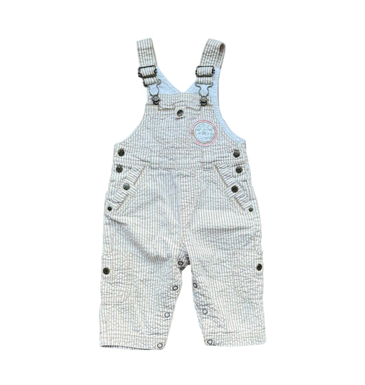 Salopette bébé rayée bleu clair et blanche, bretelles avec boutons et poche poitrine