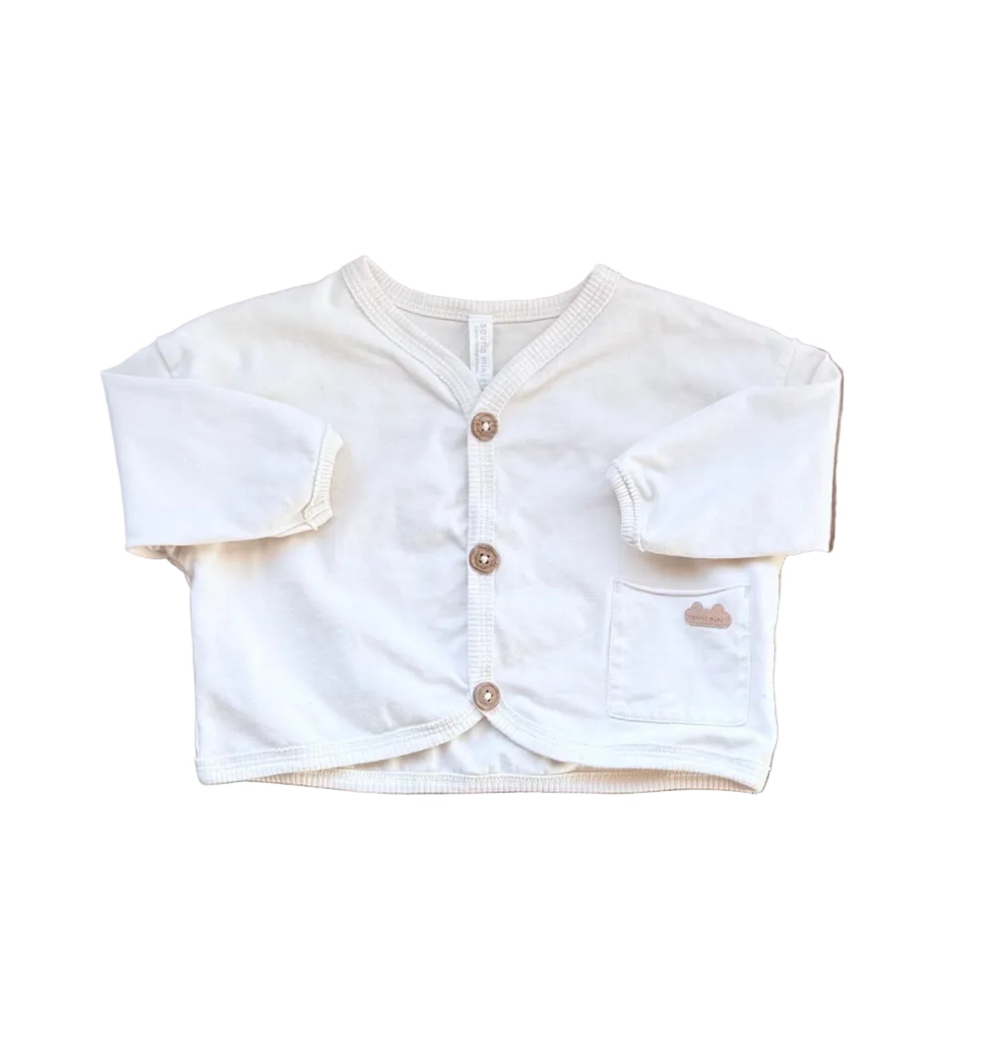 Cardigan bébé Souris Mini blanc, col boutonné, poche poitrine, manches longues