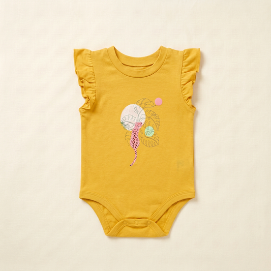 Body bébé jaune à manches courtes à volants et motif de souris