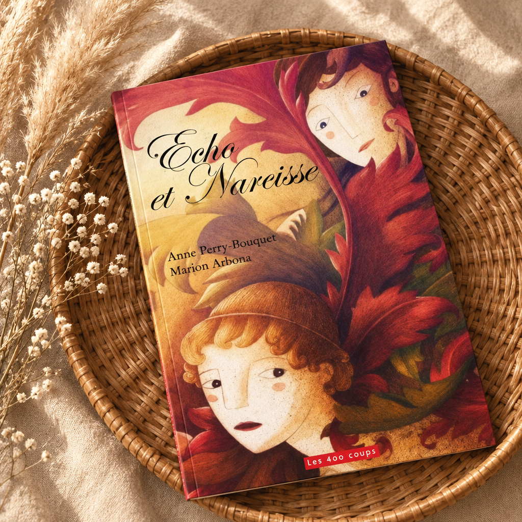 Livre illustré « Écho et Narcisse » couverture rouge, visages stylisés et feuillage