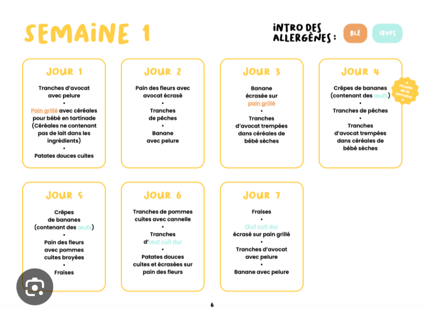 Calendrier des premiers repas (français)