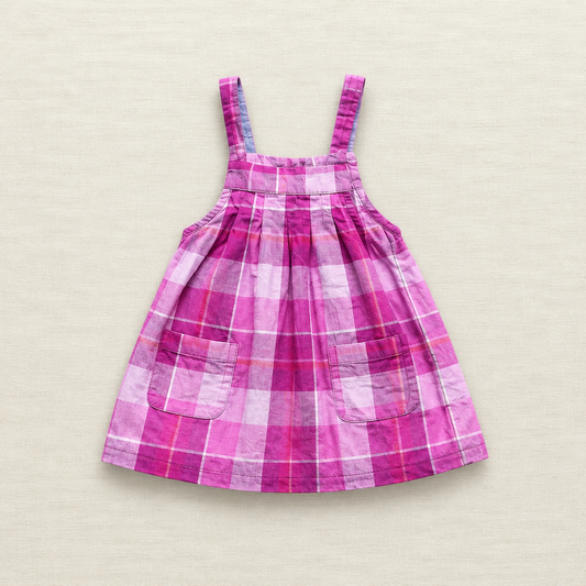 Robe à bretelles pour enfant, carreaux rose et blanc, poches plaquées