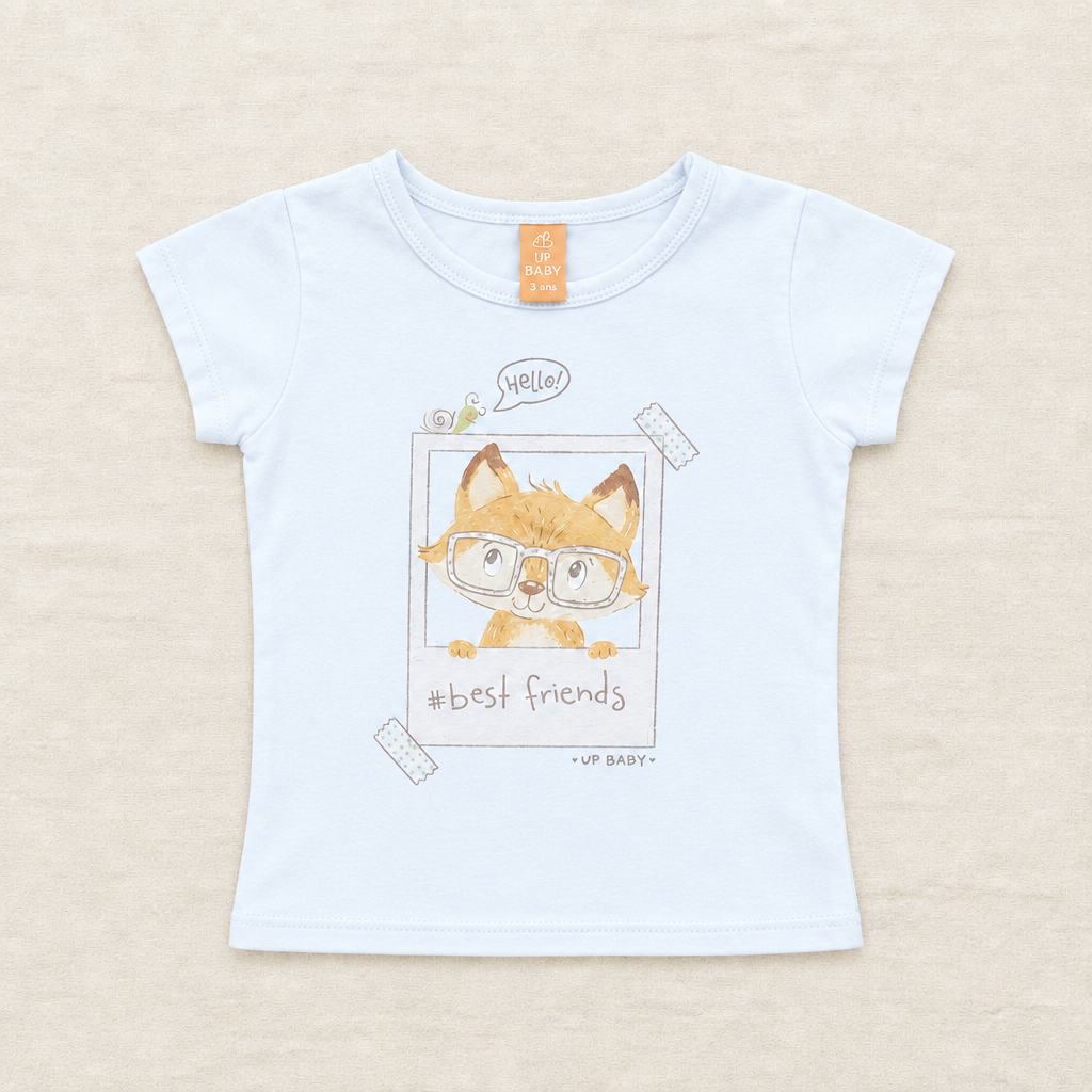 T-shirt bleu clair enfant 3 ans avec motif renard aux lunettes et texte «Hello!»