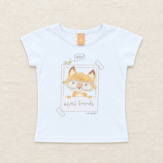 T-shirt bleu clair enfant 3 ans avec motif renard aux lunettes et texte «Hello!»