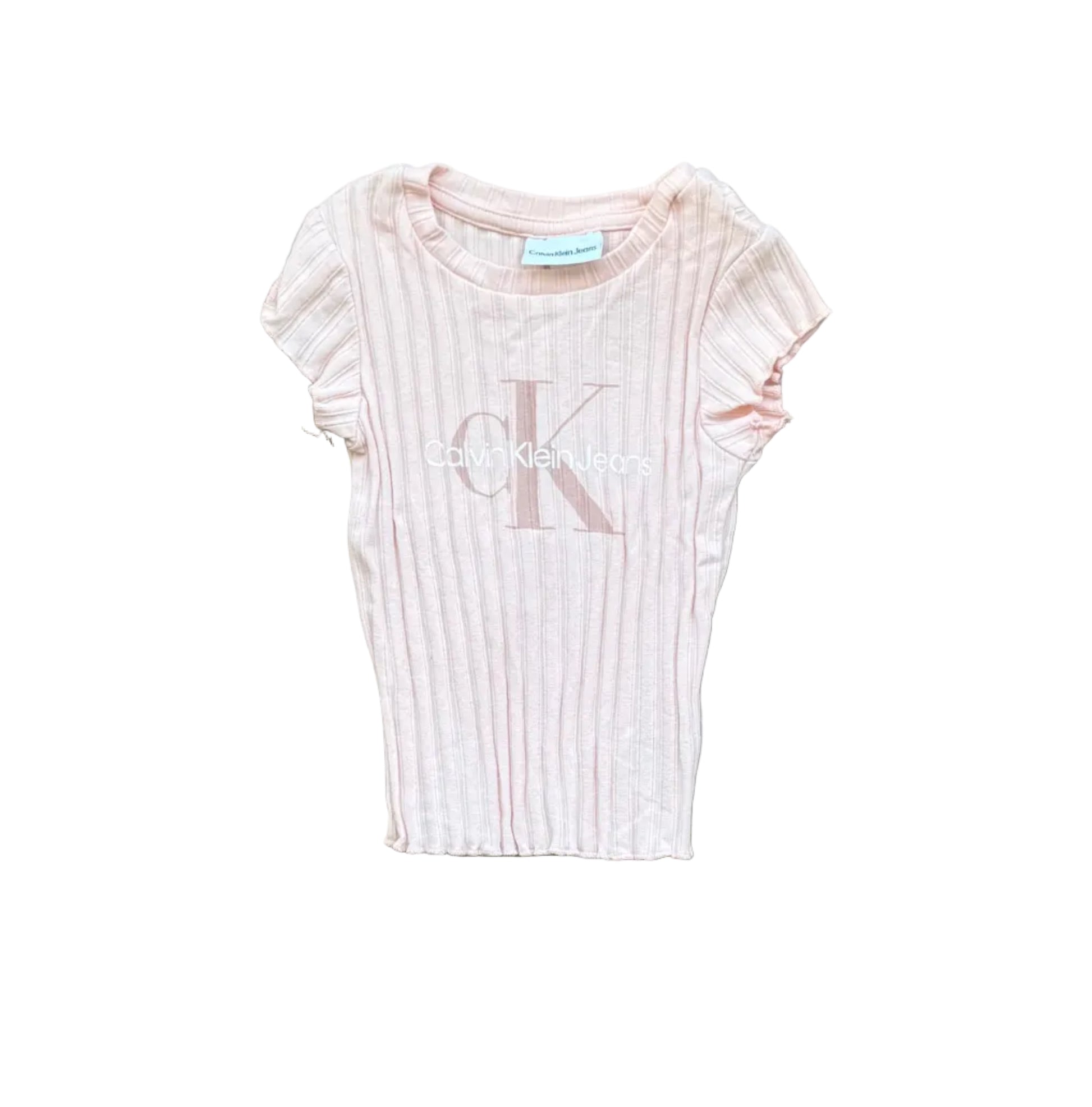 T-shirt bébé 2 ans, rose crème, rayures fines verticales et logo devant.