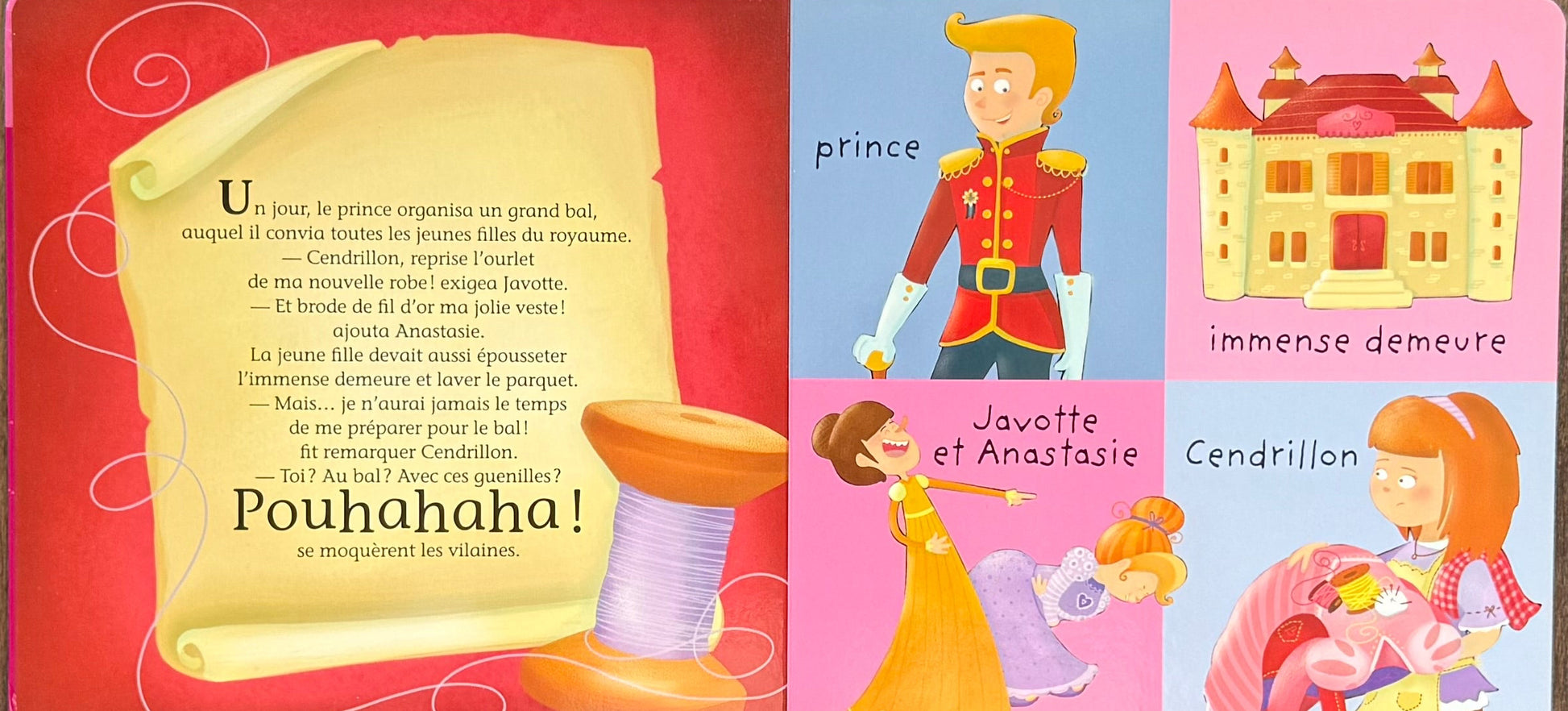 Pages du livre de princesses : texte et illustrations (prince, château, fées)