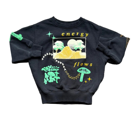 Sweat col rond noir 4 ans, motif « energy flows » vert et jaune