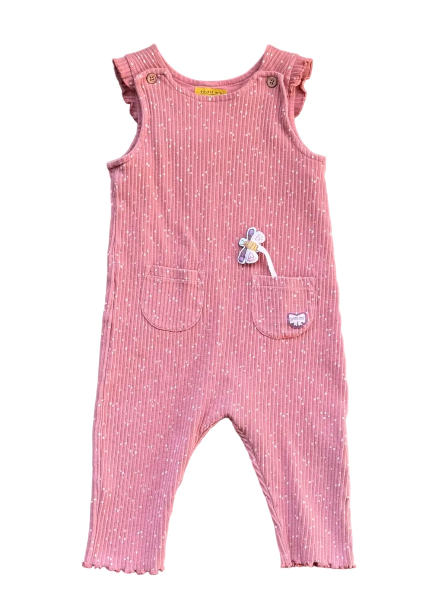 Salopette bébé mauve rose à petits points blancs, motif fleur, poches avant