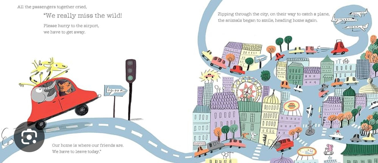 Livre jeunesse, double page illustrée avec voitures et bâtiments en ville, style dessin
