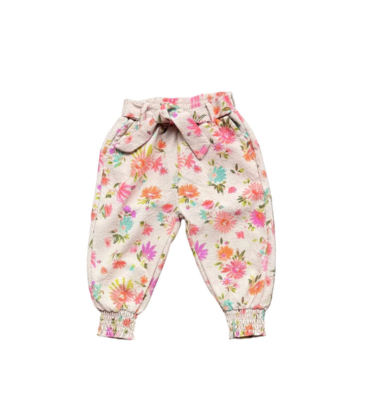 Pantalon bébé clair à fleurs multicolores, taille élastique avec cordon, bas resserré